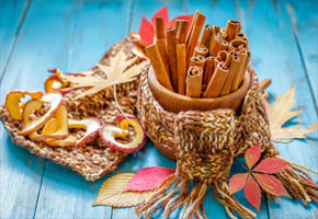 cinnamon sticks in a colorful bowl with apple slices on a blue table